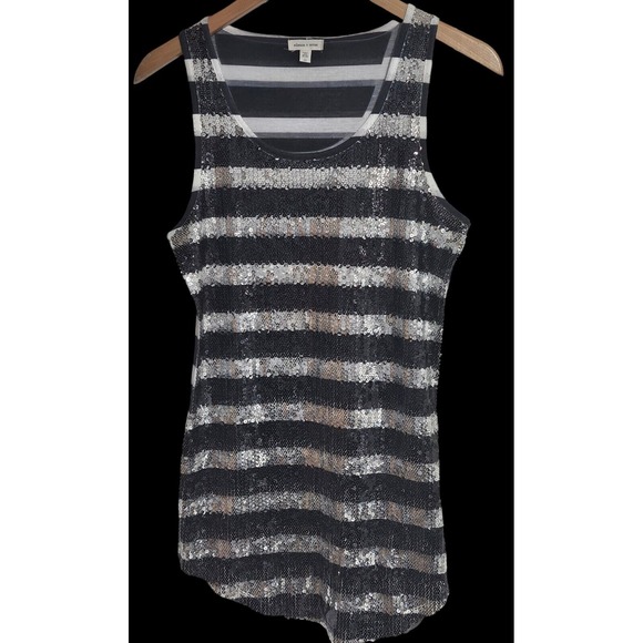 Silence & Noise‎ Med. Black, White, Silver Striped Top Sequined Face Tank - Picture 1 of 2